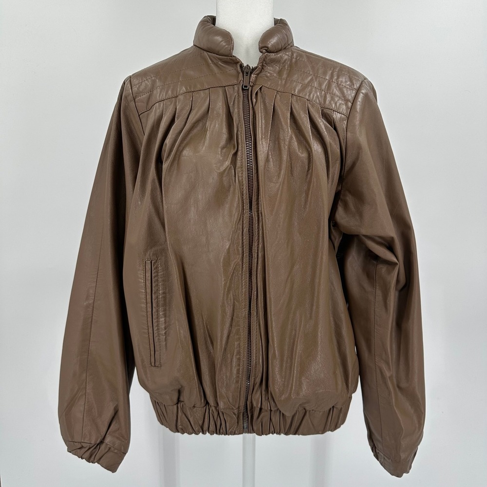 Vintage 80's Harmal Brown Leather Pleated Bomber Jacket Womens 11/12
